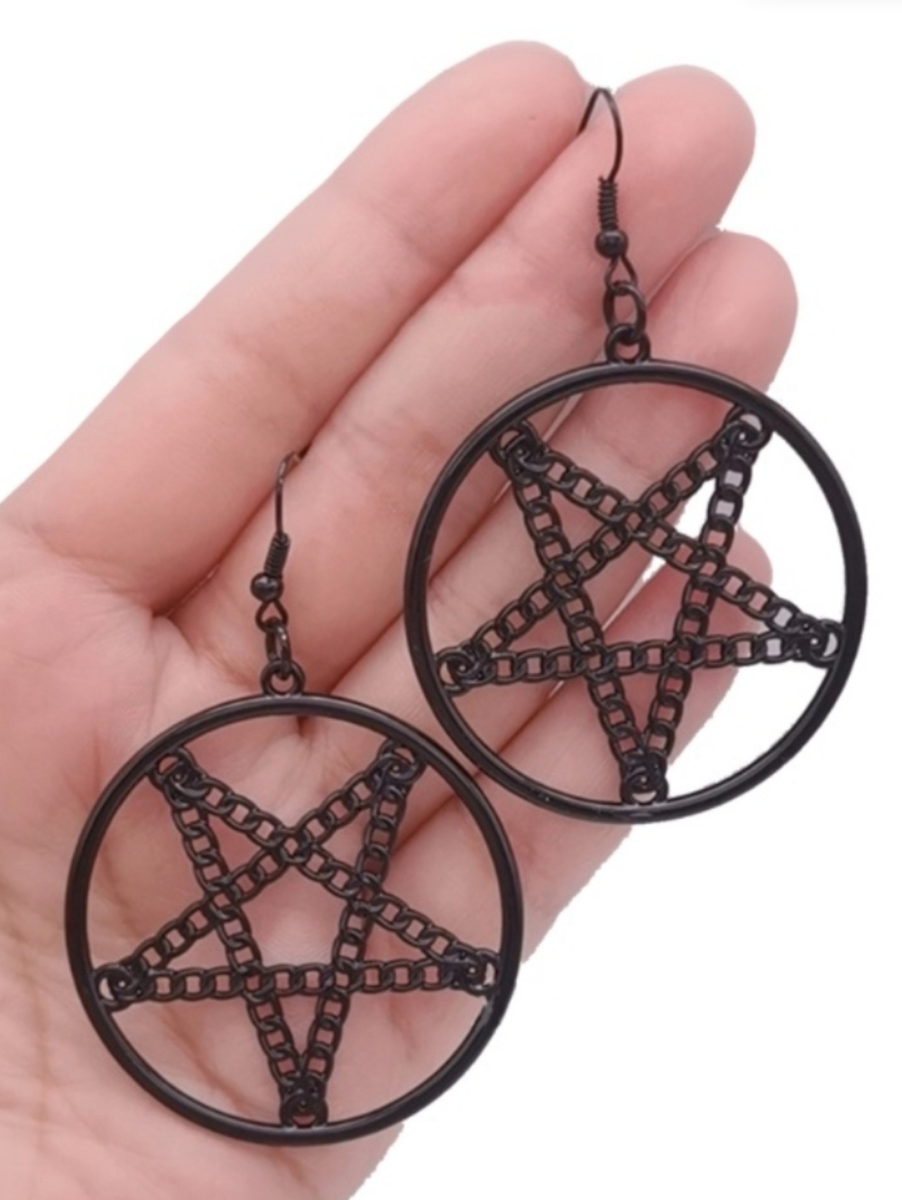 NWT Handmade Dangly Goth Alt Black Chain Pentagram Drop Earrings